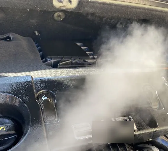 Compartimento de motor cubierto por una nube de vapor: lavado de motor a vapor