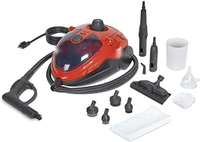 Vaporizador rojo con sus accesorios para limpieza de autos